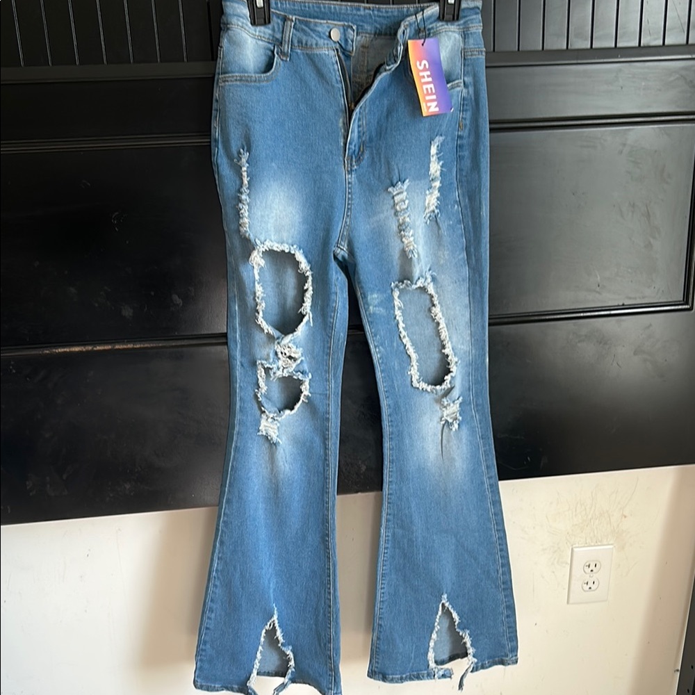 SHEIN Women's Ripped Flare Blue Jeans